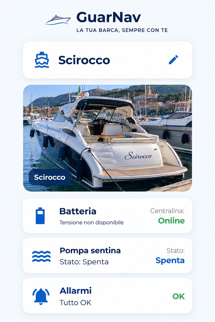 Schermata reale dell'app GuarNav con stato di batteria, pompa di sentina e allarmi